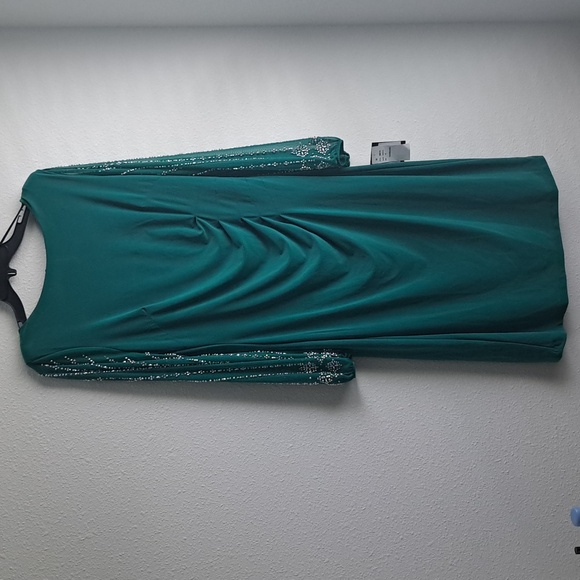 Marina Boat Neck Long Beaded Elastic Cuff Sleeve Matte Jersey Back Slit MidDress - Picture 6 of 12